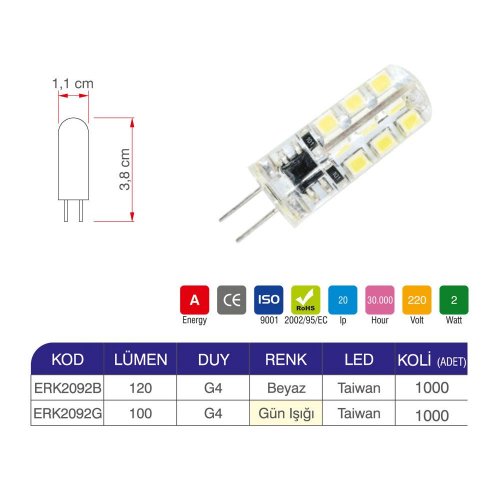 Erk  2W - 220 V G4 AC-DC Kapsül Ampul