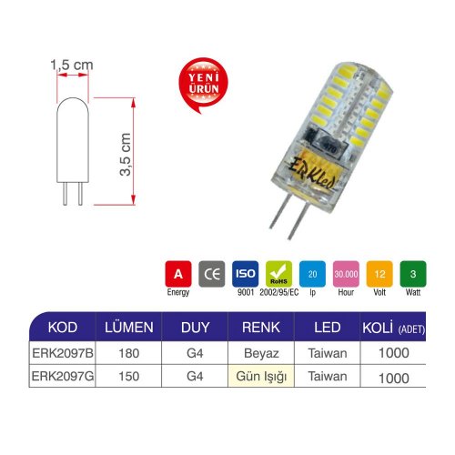 Erk  3W -  12V G4 AC-DC Kapsül Ampul