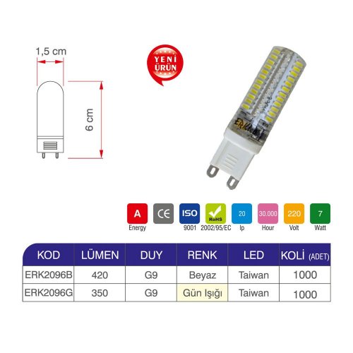 Erk  7W -  220V G9 Kapsül Ampul