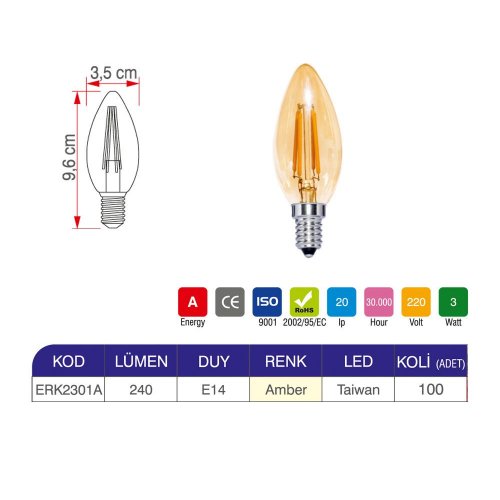 Erk 3 Watt C35 Mum Rustik Ampul ERK2301 - 2 li