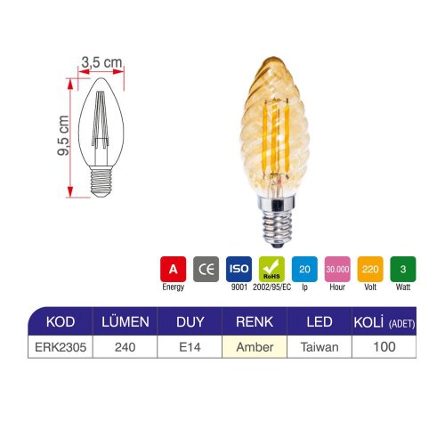 Erk 3 Watt C35 Mum Rustik Ampul ERK2305 - 2 li