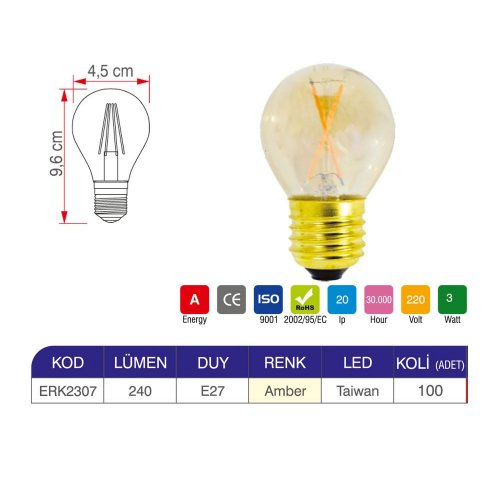 Erk 3 Watt G45 Rustik Ampul ERK2307 - 2li