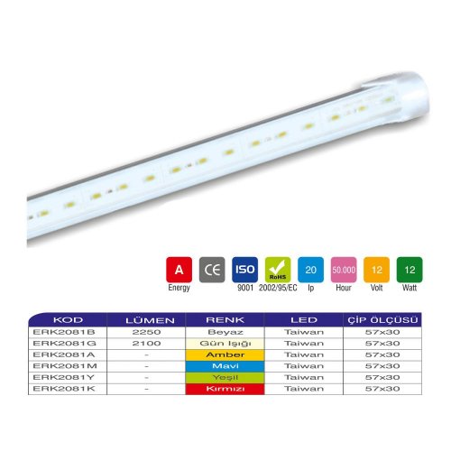 Erk Led Bar Alimünyumlu Camlı 72 Led 12 Watt - 2 li